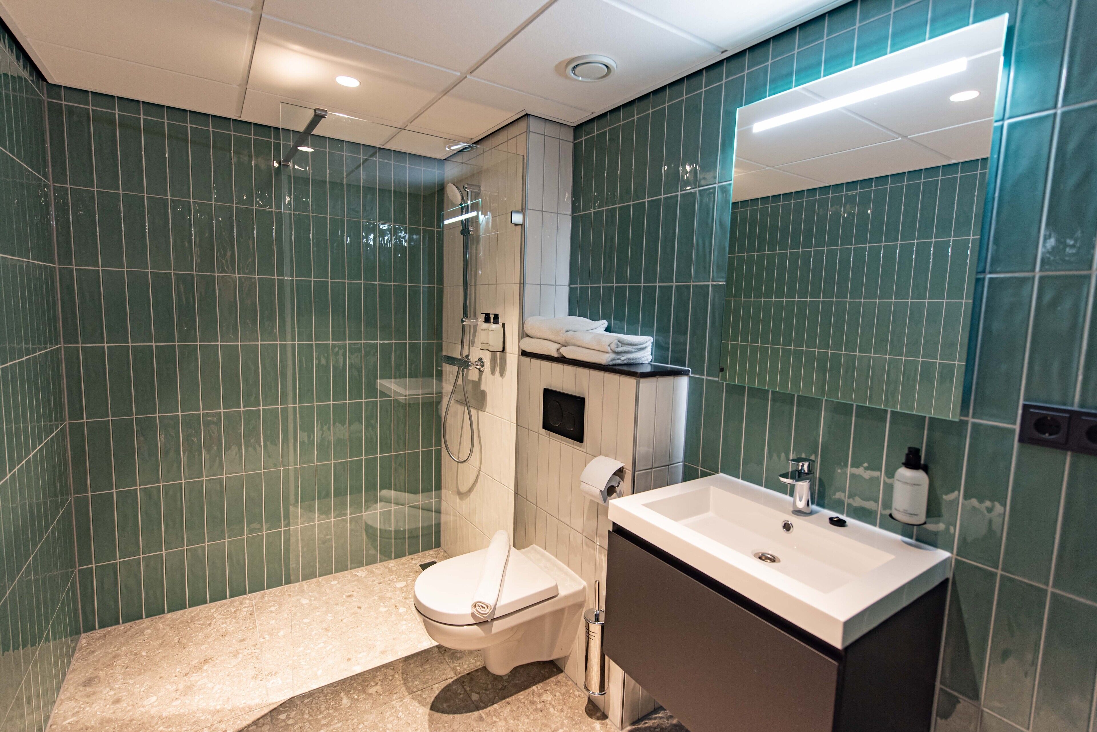 shower, designer toiletries, hair dryer, towels