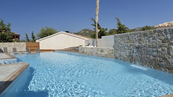 Seasonal outdoor pool, pool umbrellas, pool loungers