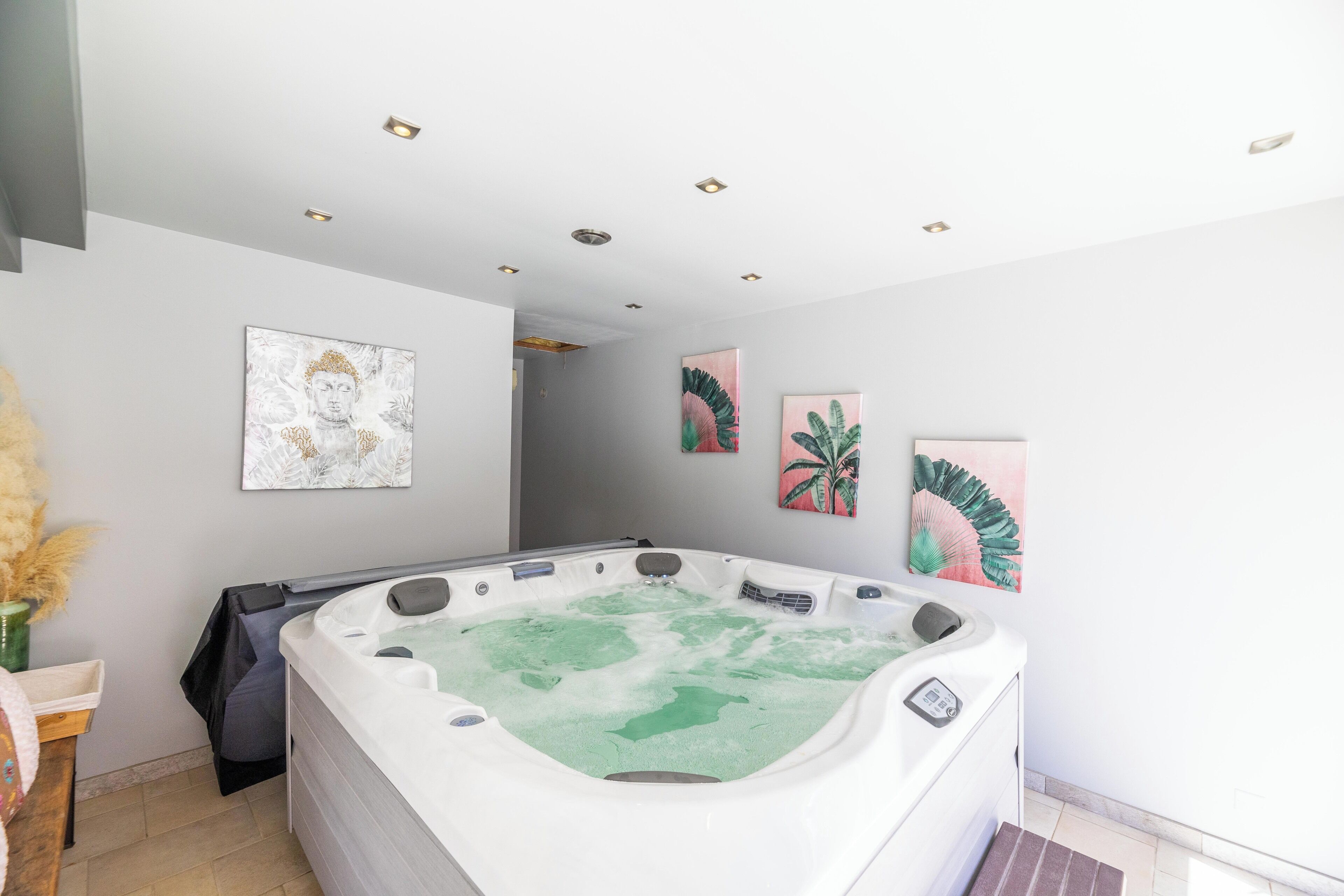 Une salle de spa moderne dotée d’un jacuzzi, d’œuvres d’art aux murs et d’un plafond pourvu d’un éclairage encastré.