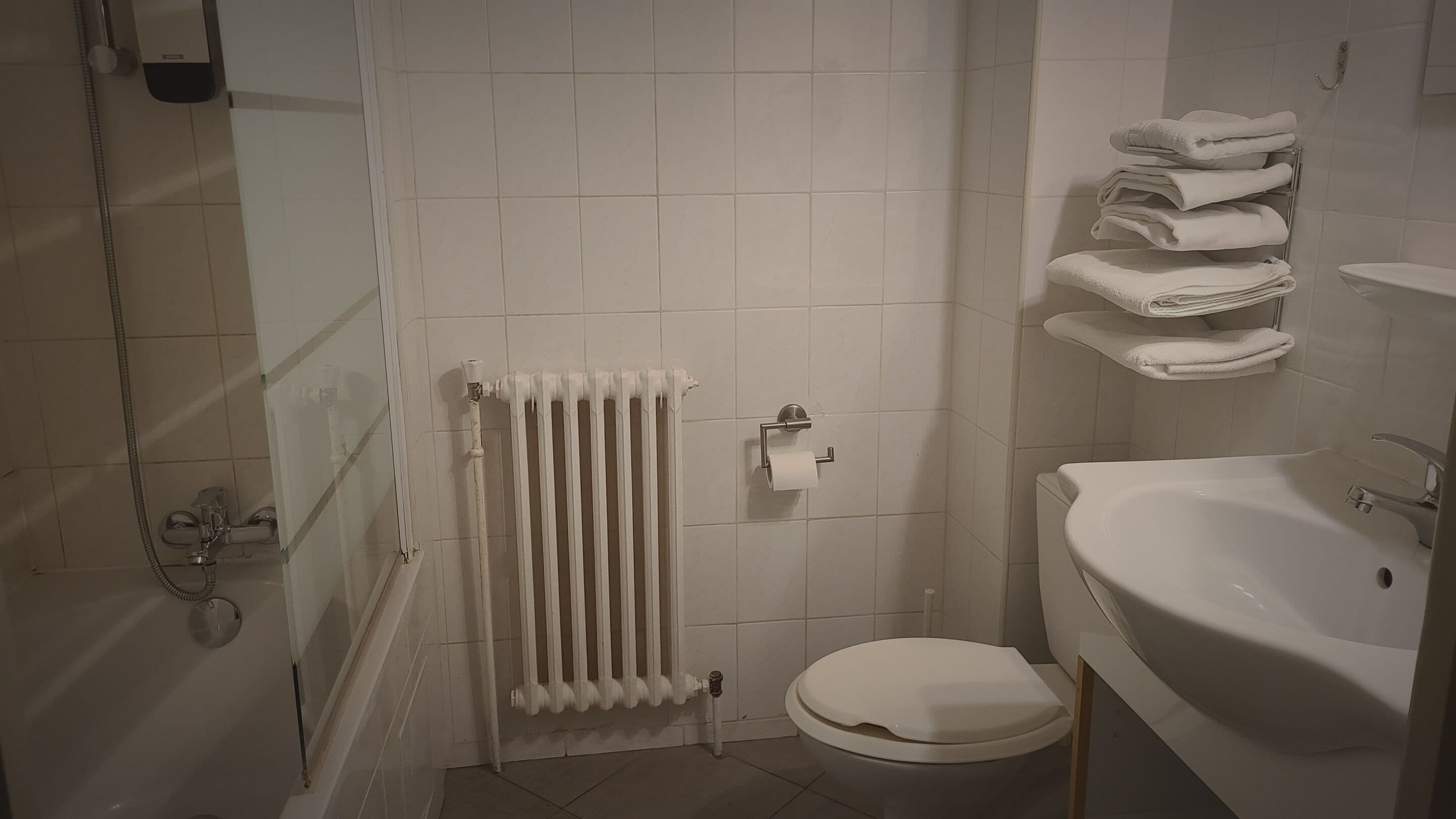 A bathroom with a toilet, sink, and a towel rack.