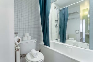 A bathroom with a toilet, a bathtub, and a shower.
