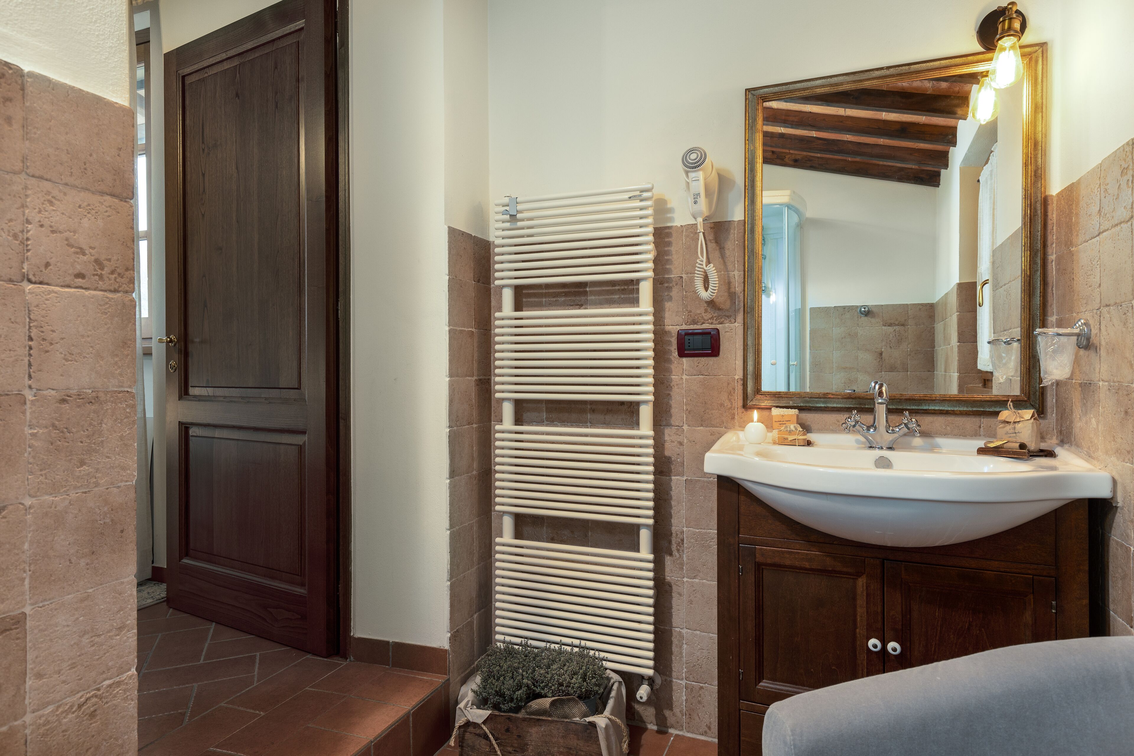 A bathroom with a wooden door, a white radiator, a sink with a mirror, and a small plant.