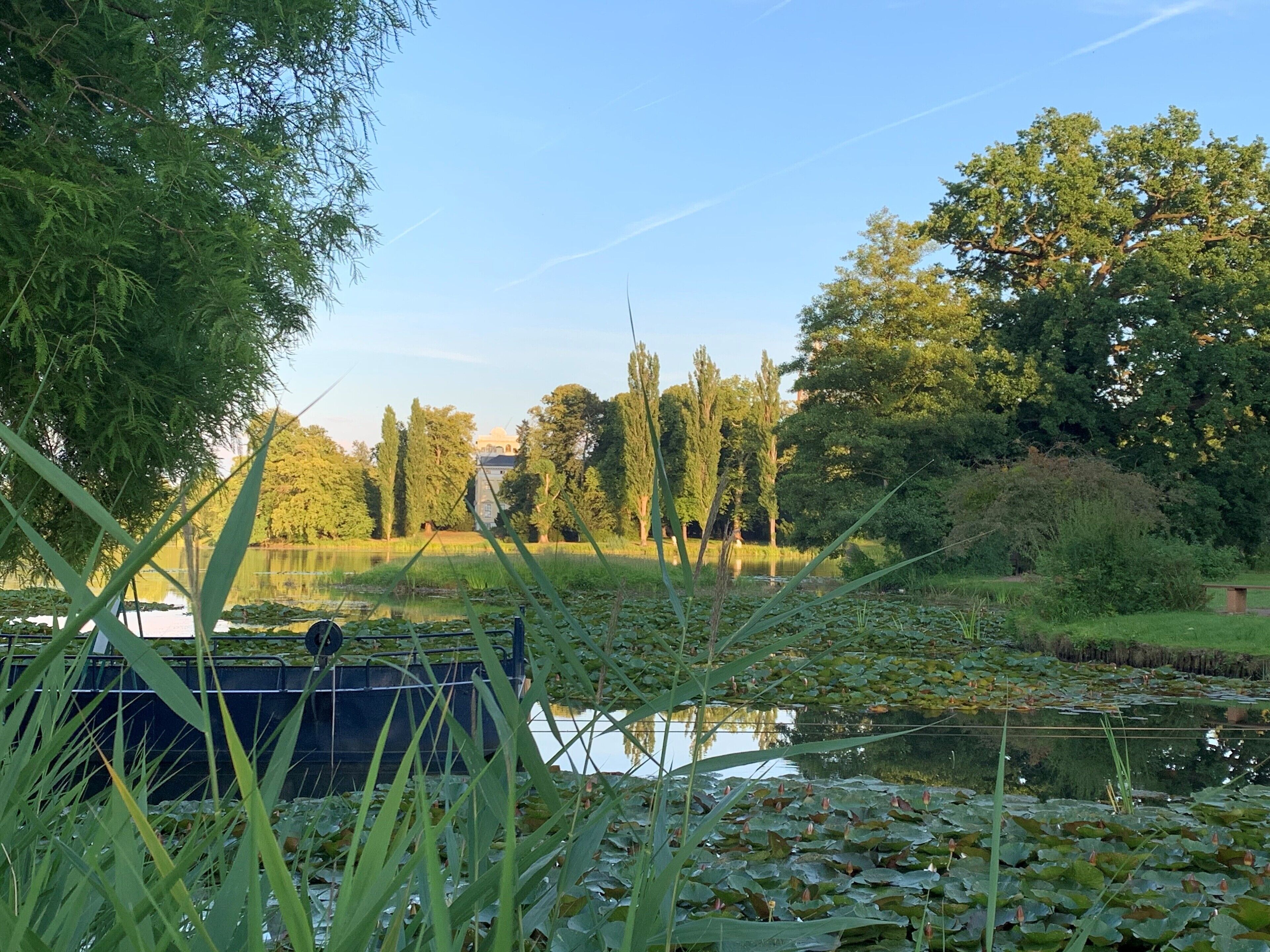 Une vue paisible sur un lac, avec un belvédère, une végétation luxuriante et un bâtiment situé au loin.