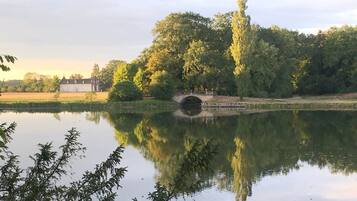 Eine friedliche Landschaft mit einer Brücke über ruhigem Wasser, umgeben von üppigem Grün und einem Gebäude in der Ferne.