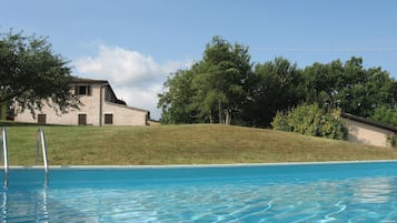 Seasonal outdoor pool, pool umbrellas, pool loungers