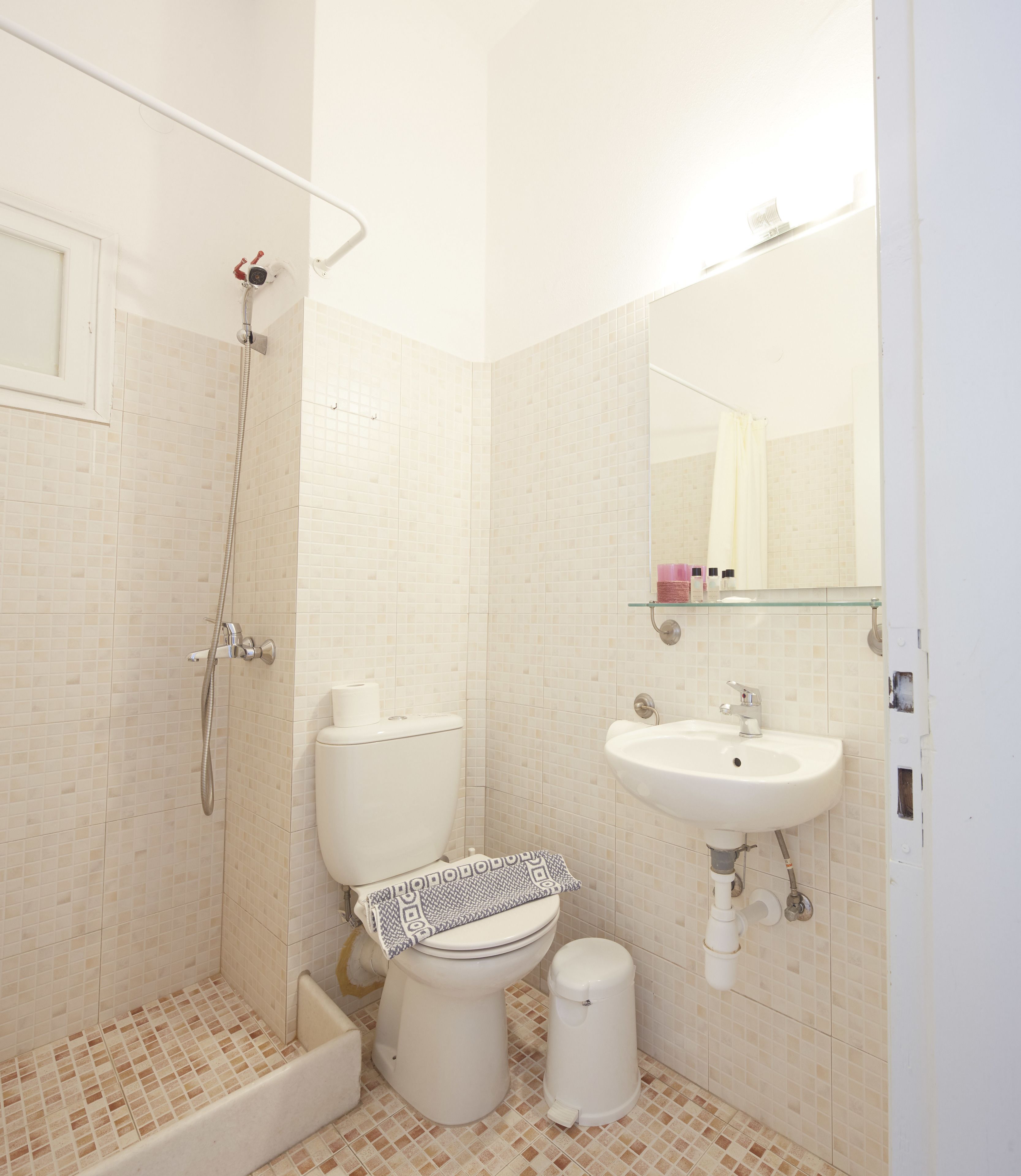 Une salle de bain équipée d’une douche, de toilettes, d’un lavabo et d’un miroir.