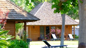 A wooden cabin with a tiled roof, surrounded by lush greenery and equipped with outdoor seating. - Playa Montroig Camping Resort (Mont-roig del Camp)