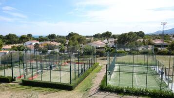 Una cancha de tenis con tres áreas delimitadas, rodeada por una valla, con casas y árboles al fondo.