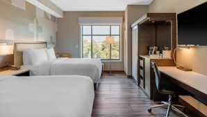 Habitación de hotel con dos camas, un escritorio, una silla, un televisor y ventana con vistas a árboles.