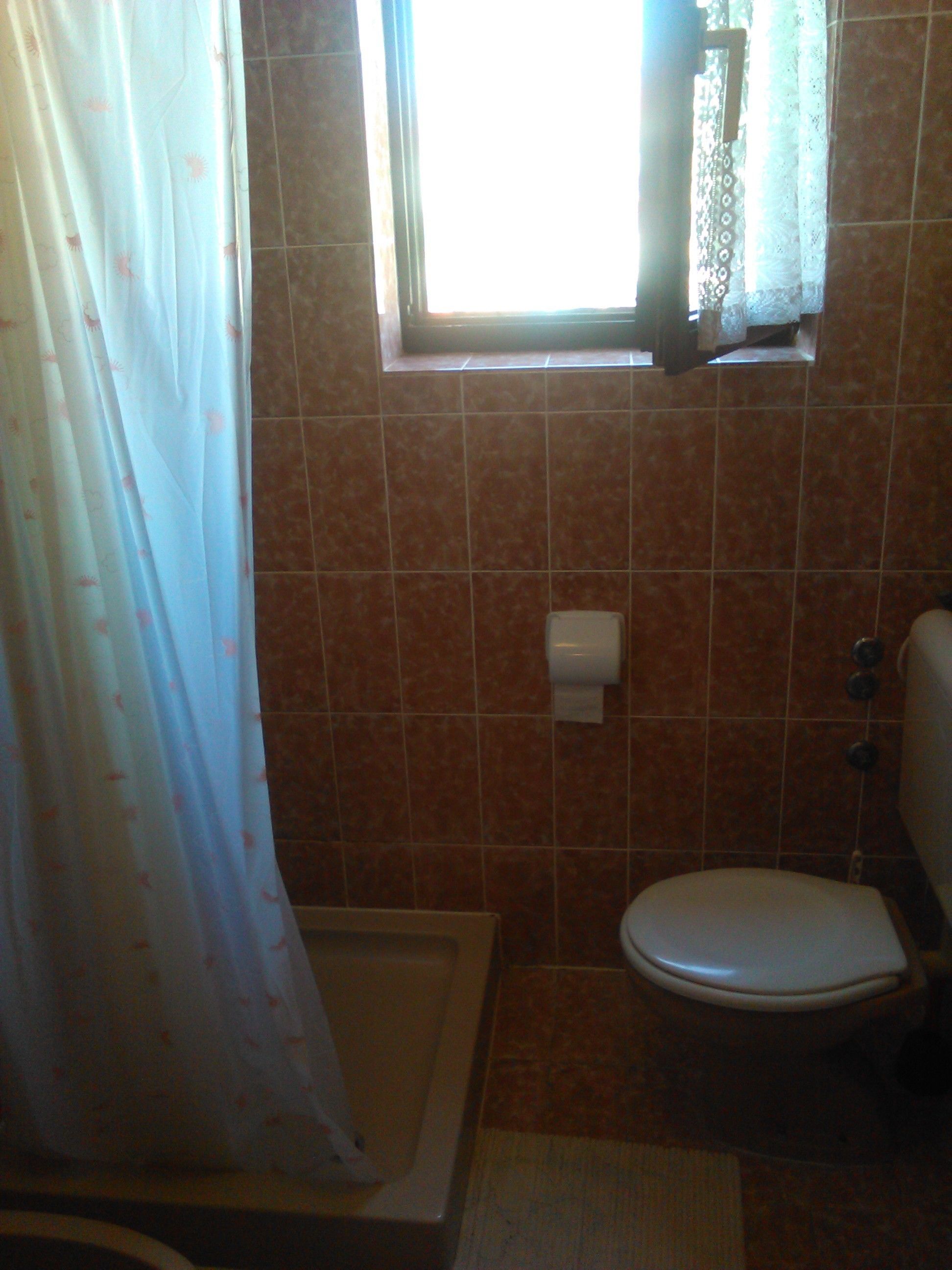 A bathroom with a shower, toilet, and a window.