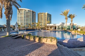 Outdoor pool, pool umbrellas, pool loungers
