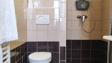 A bathroom with a toilet, a shower, and a bathtub.