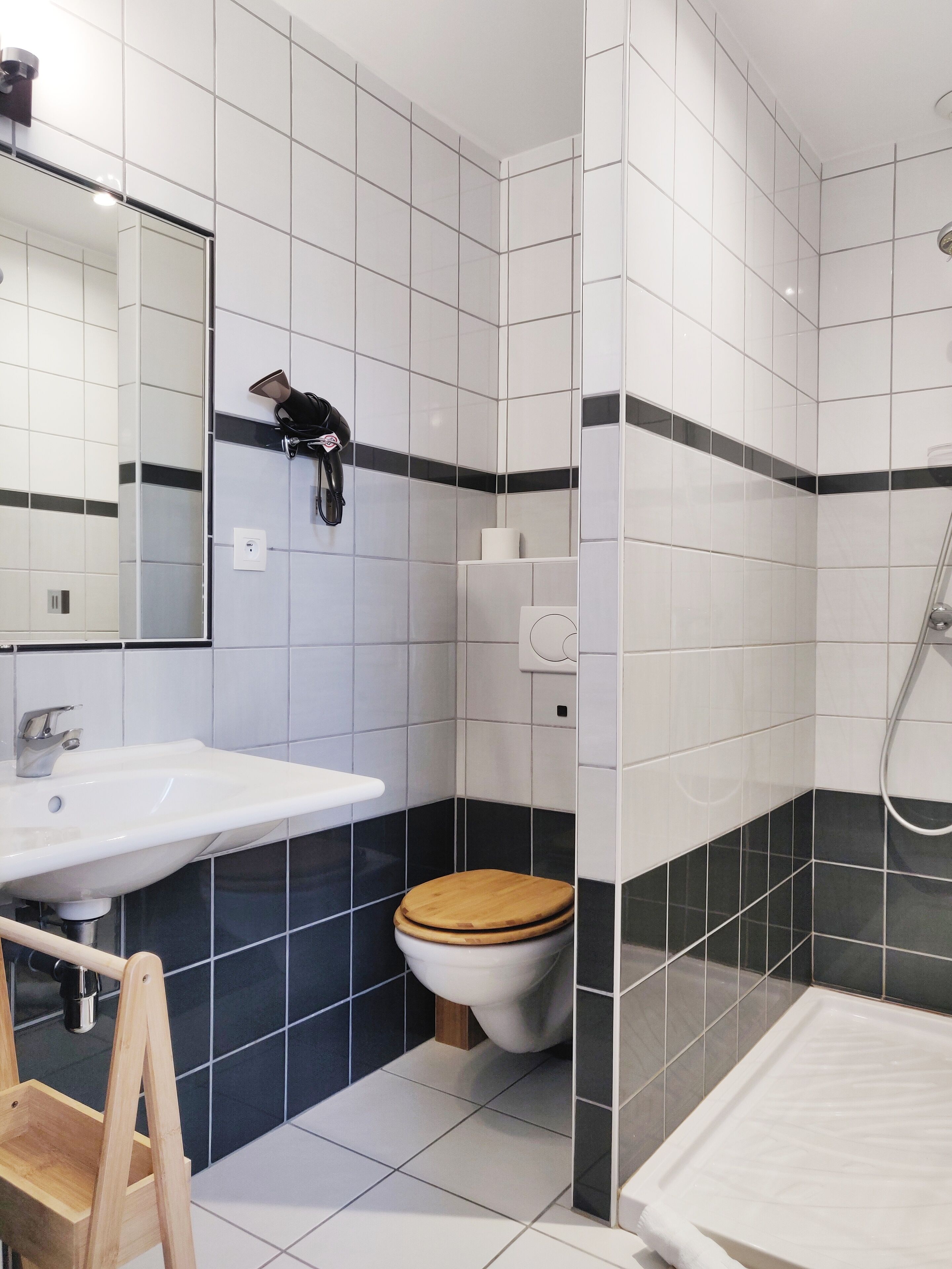 shower, eco-friendly toiletries, hair dryer, towels