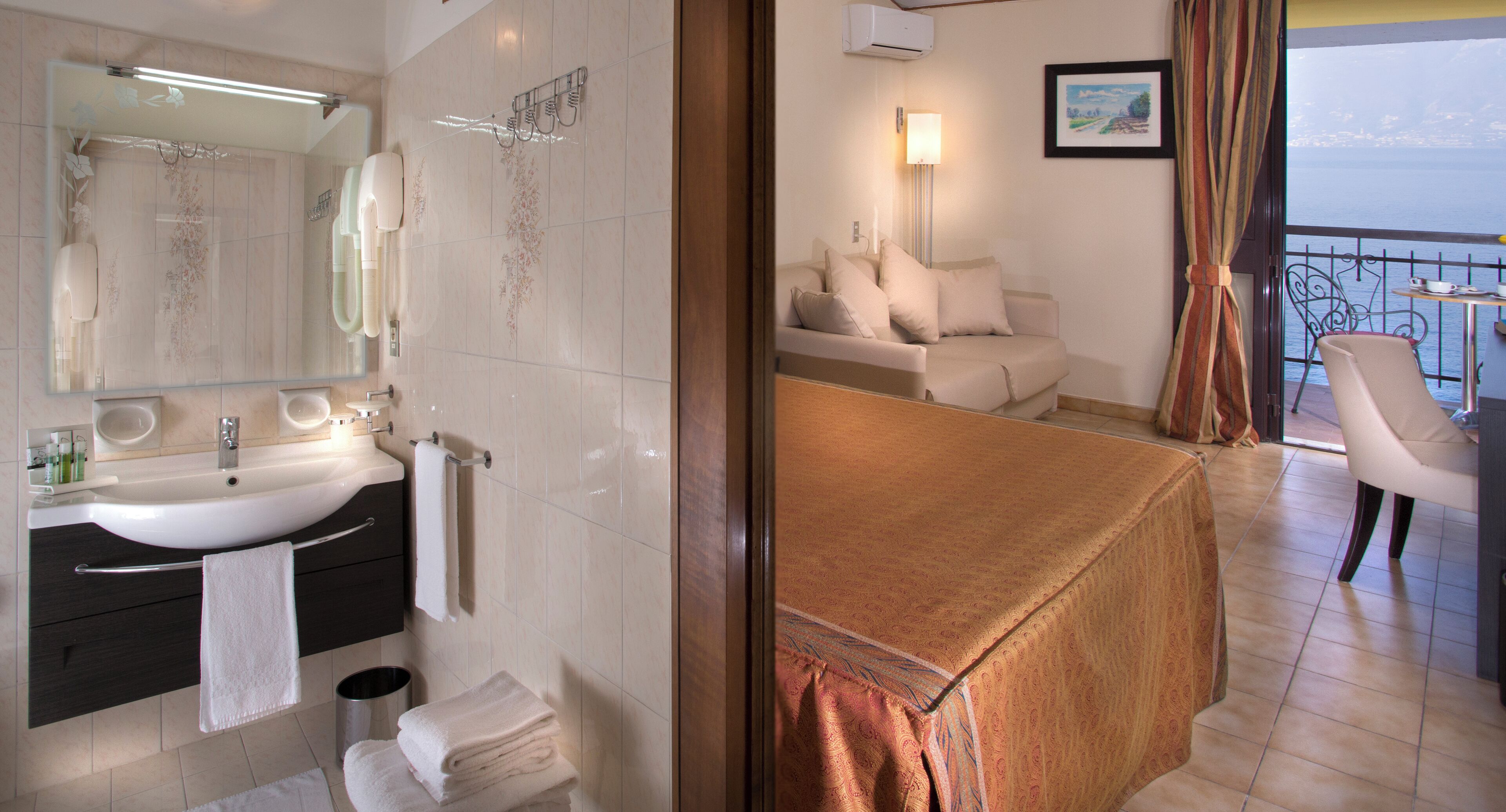 A modern bathroom with a sink, mirror, and towel rack.
