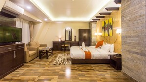 Una habitación de hotel con una cama grande, televisión, sofá, escritorio y armario.