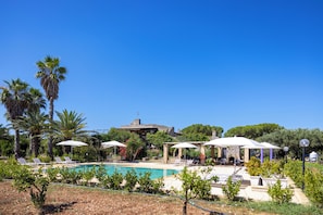 Seasonal outdoor pool, pool umbrellas, pool loungers