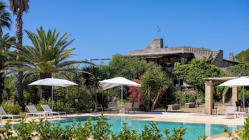 Seasonal outdoor pool, pool umbrellas, pool loungers