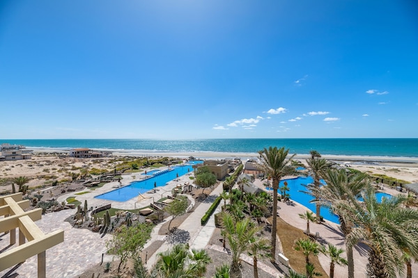 Outdoor pool, pool umbrellas, pool loungers