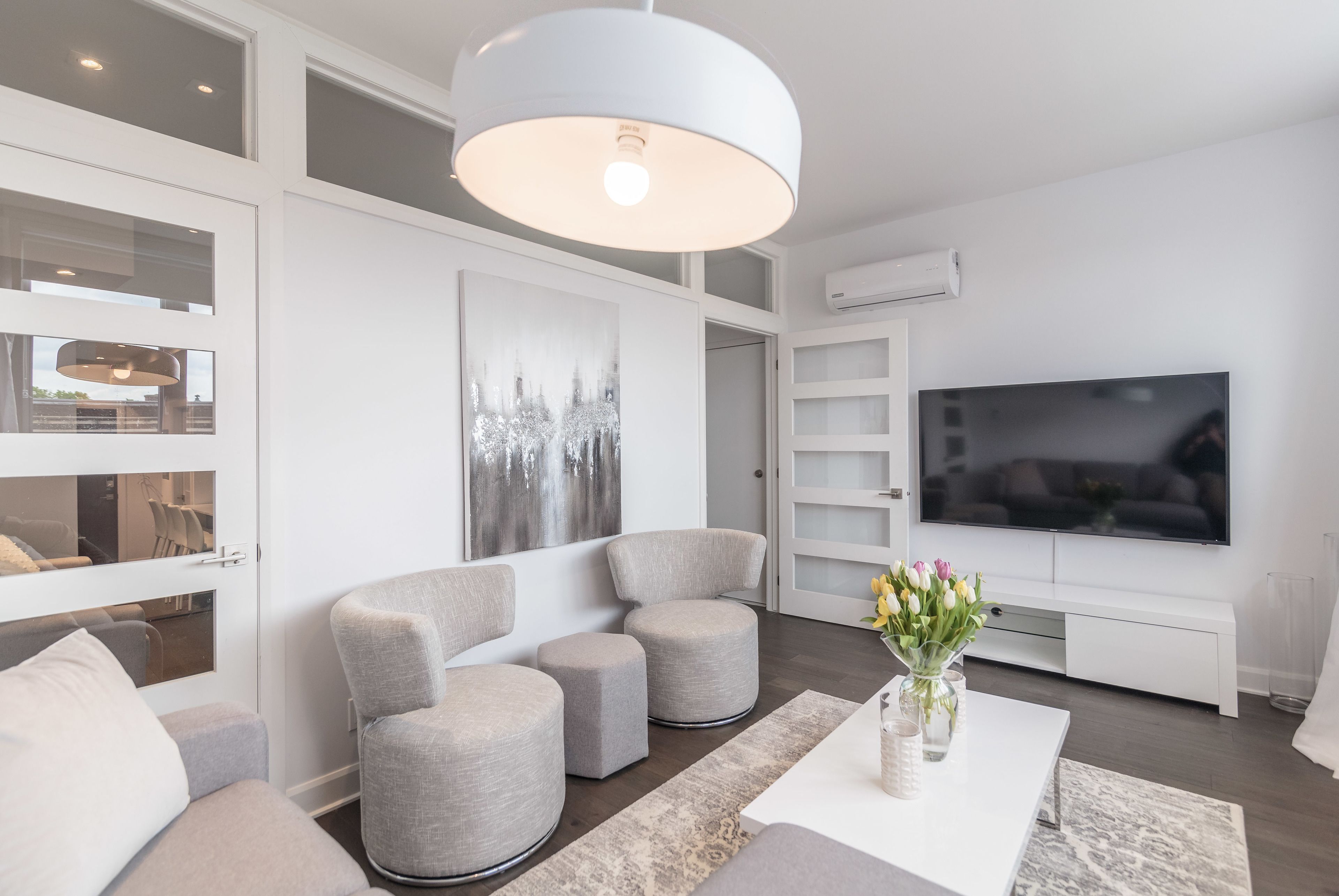 Down comforters, desk, laptop workspace, blackout drapes