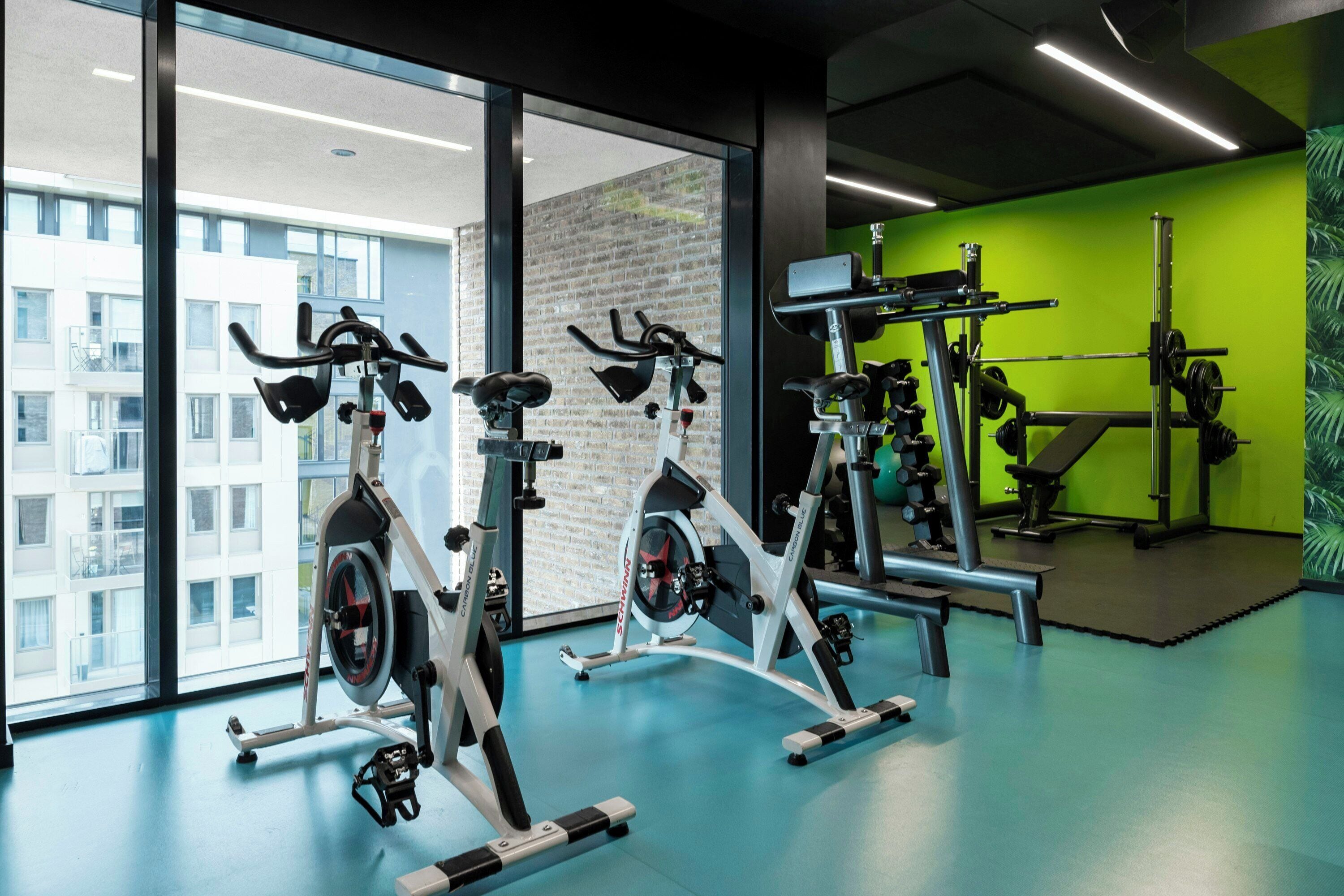 A gym with stationary bikes, a squat rack, and a green wall.