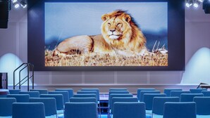A theater with rows of blue chairs and a large screen displaying a lion. - Thon Hotel Storo (Oslo)
