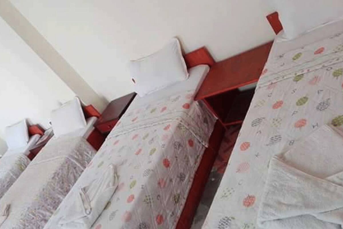 A row of beds with floral-patterned bedding and white pillows.