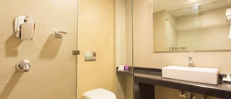 A modern bathroom with a toilet, a glass shower enclosure, and a sink with a mirror above it.