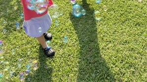 Deux enfants jouent à faire des bulles dans un espace extérieur recouvert d’herbe.