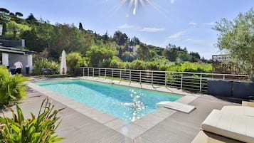 Seasonal outdoor pool, pool umbrellas, sun loungers