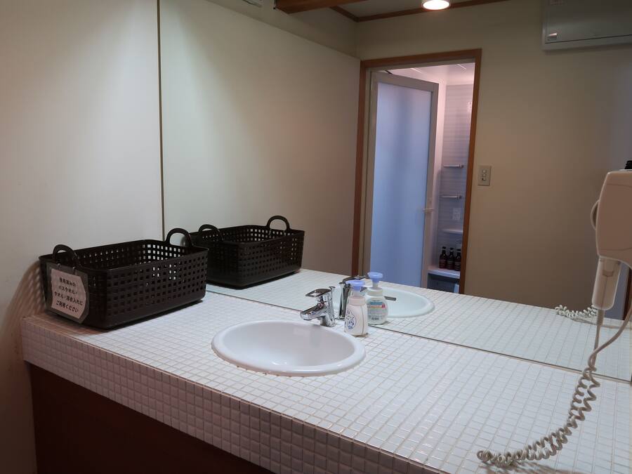 A bathroom with a white sink, two black baskets, a mirror, and a hairdryer.