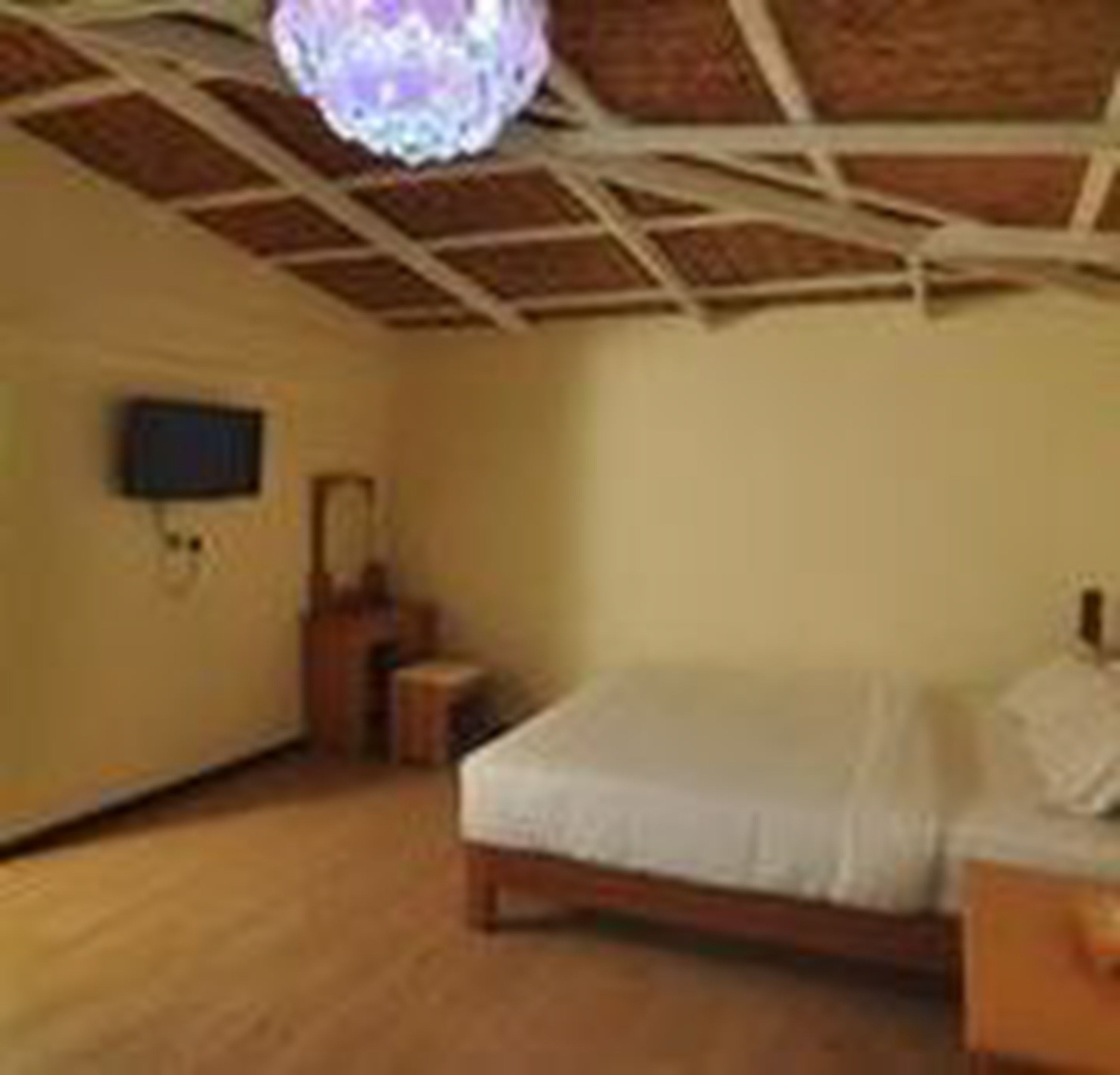 A bedroom with a wooden ceiling, a bed, a nightstand, a lamp, and a wall-mounted TV.