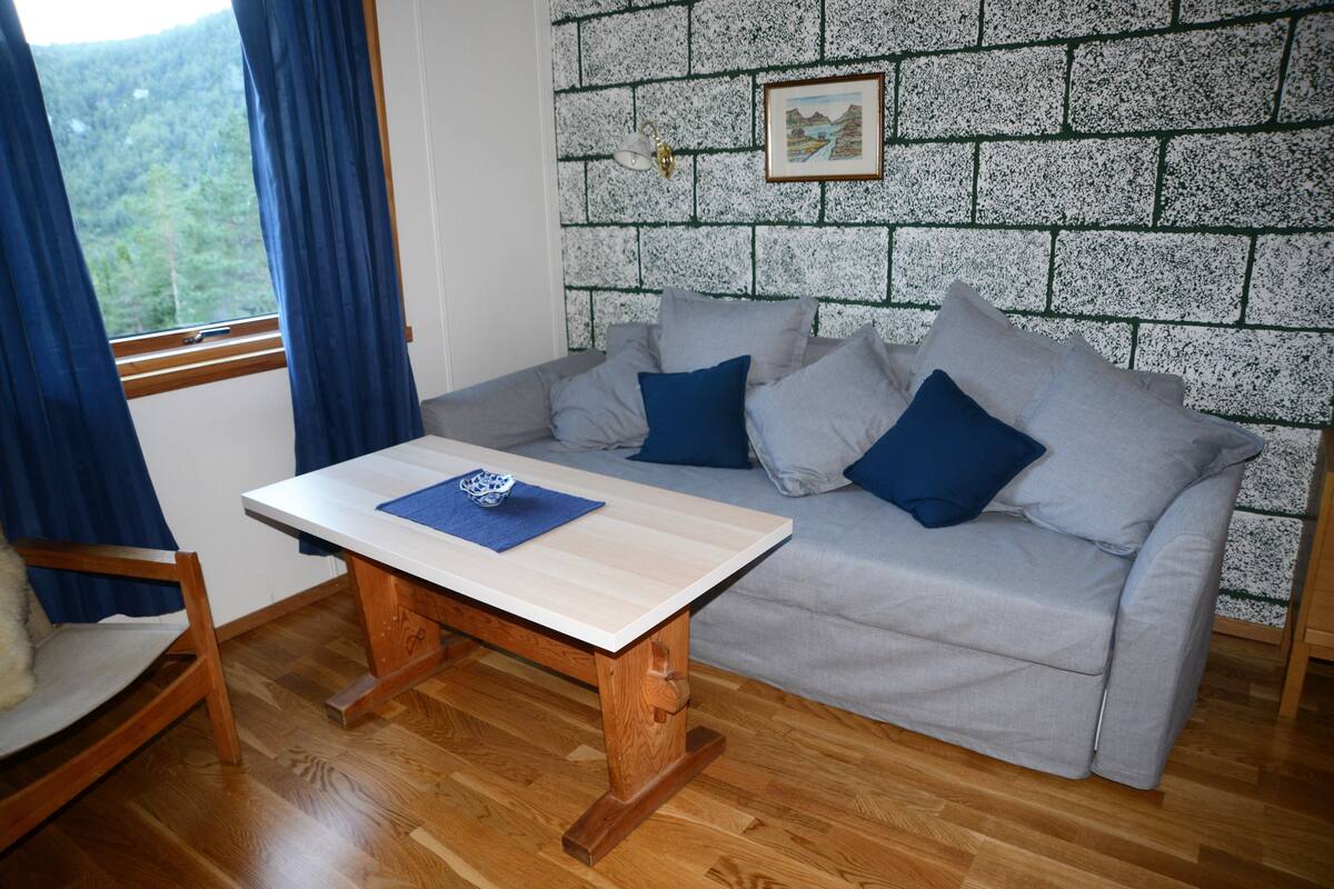 A room with a wooden floor, a grey sofa with blue cushions, a wooden table with a blue placemat, and a window with blue curtains.