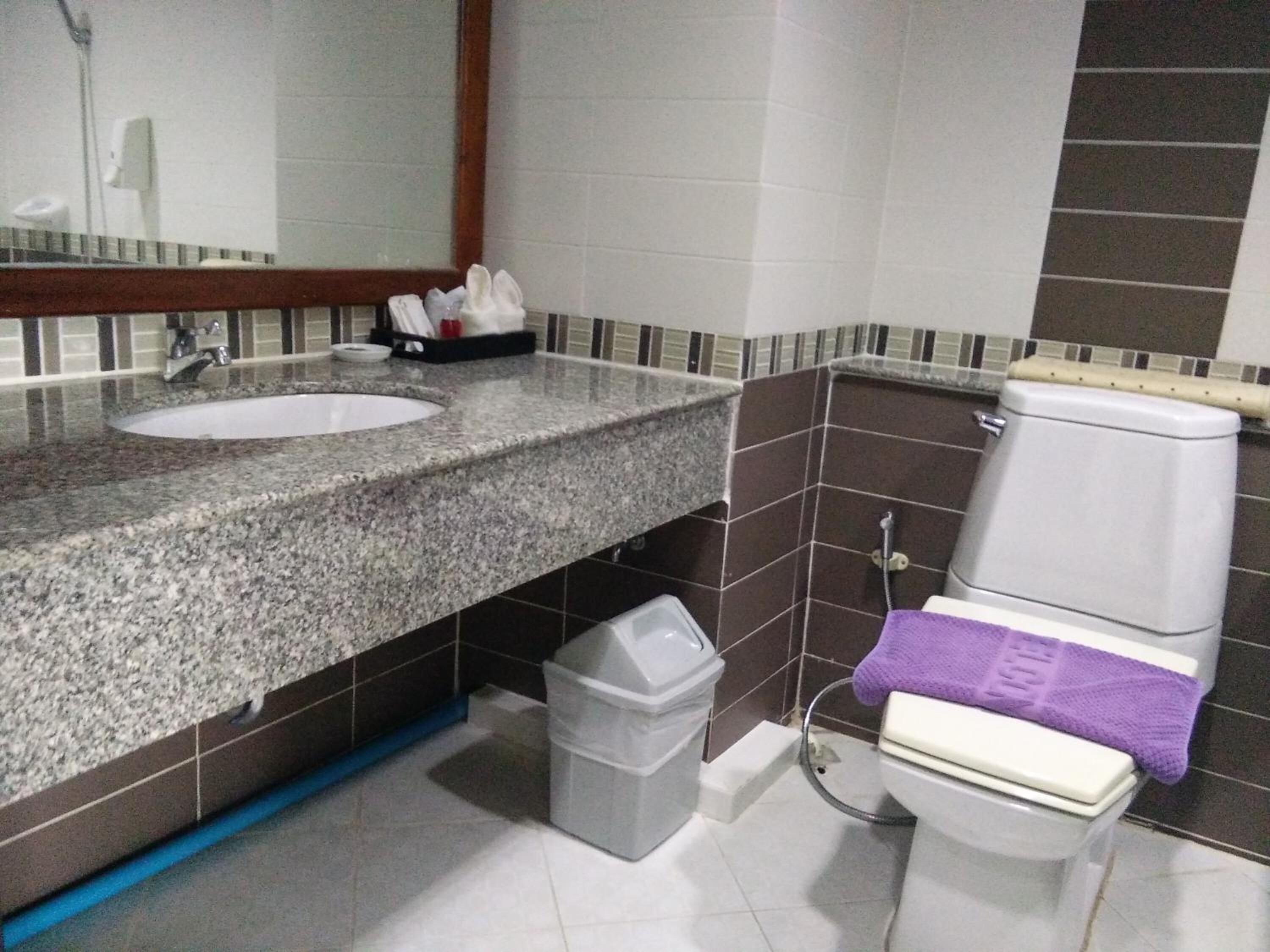 Un baño con lavamanos de granito, inodoro blanco y espejo sobre el lavamanos.