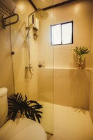 Un baño con cabina de ducha de vidrio, un inodoro y una planta en maceta.
