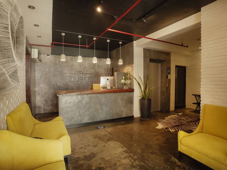 A reception area with a modern design, featuring a concrete reception desk, yellow chairs, and a zebra print rug.