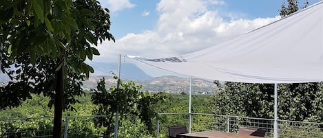 A covered outdoor seating area with a table and chairs, a lounge chair, and a view of a vineyard and mountains in the background.