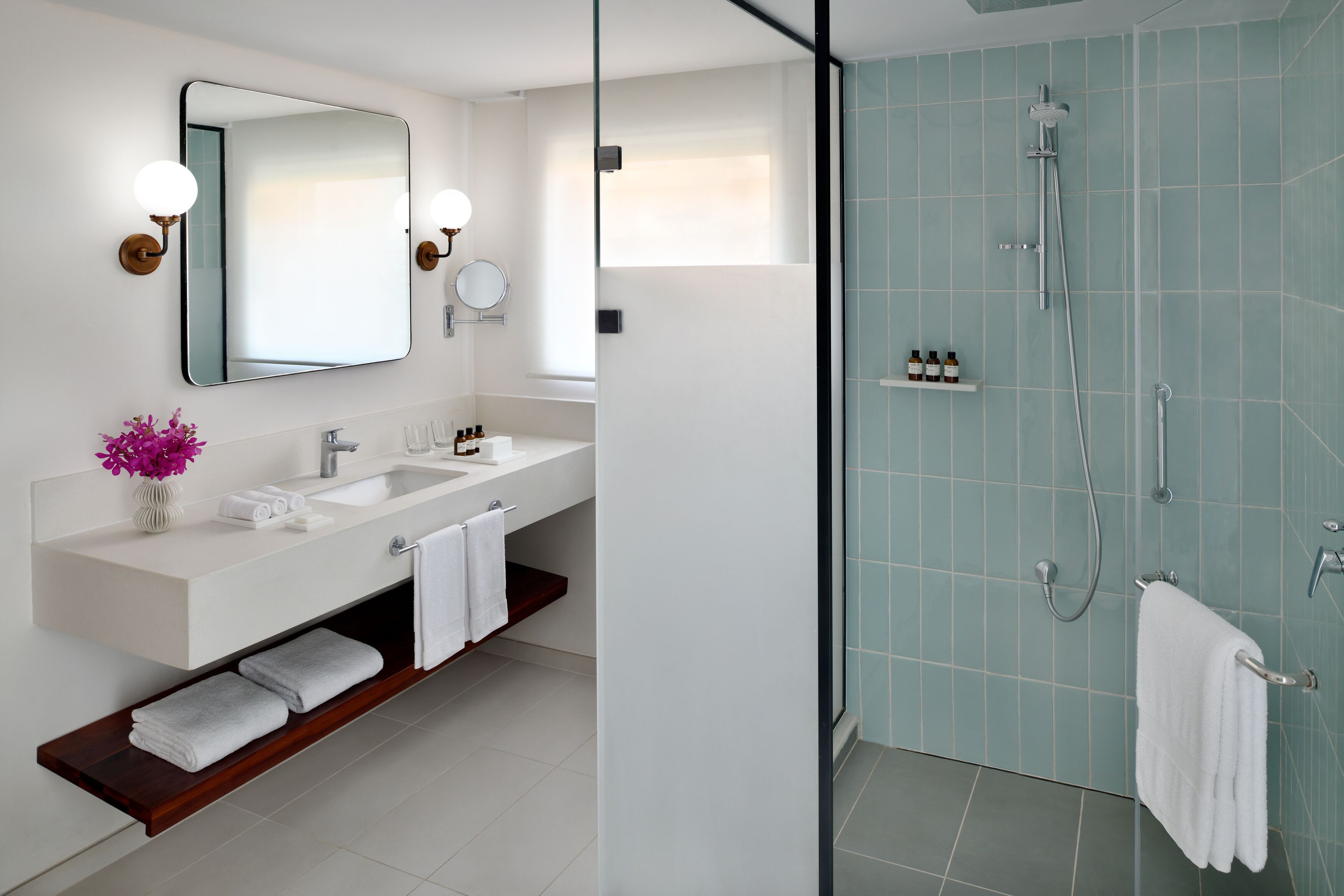 shower, rainfall showerhead, free toiletries, hair dryer