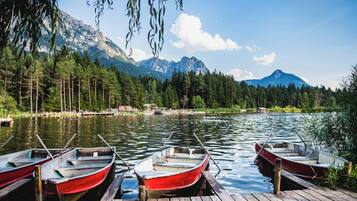 A lake with boats docked on a wooden pier, surrounded by dense forest and mountains.