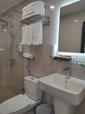 A modern bathroom with a glass shower enclosure, a toilet, a sink, and a towel rack with folded towels.