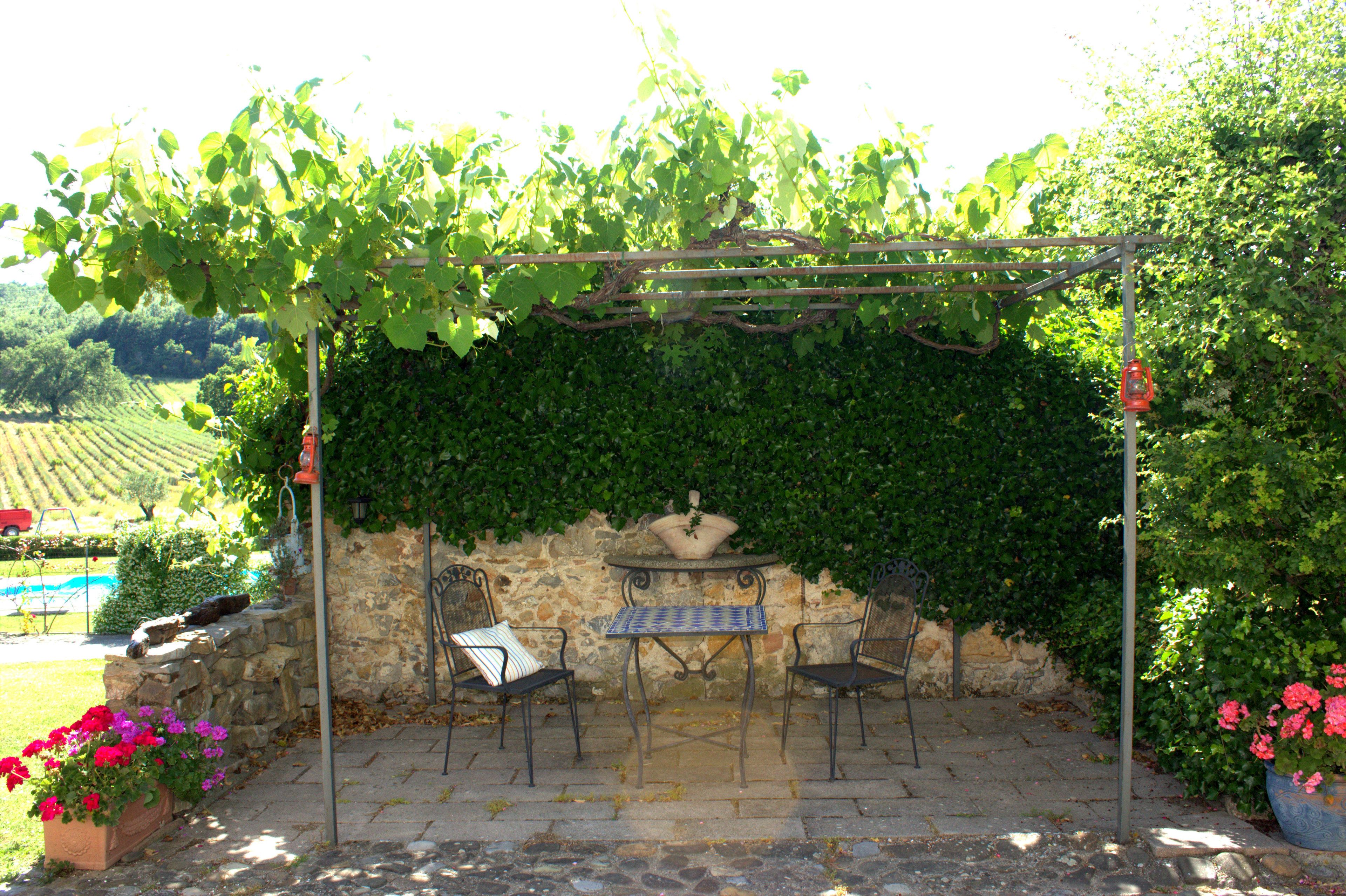 Una pérgola con una mesa y sillas, rodeada de vegetación exuberante y un muro de piedra.