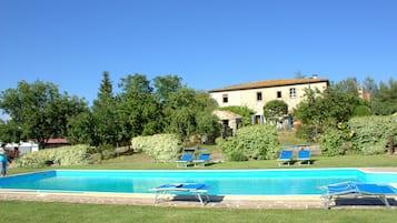 Piscine extérieure, chaises longues