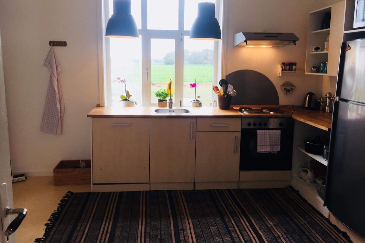 Full-size fridge, microwave, oven, stovetop