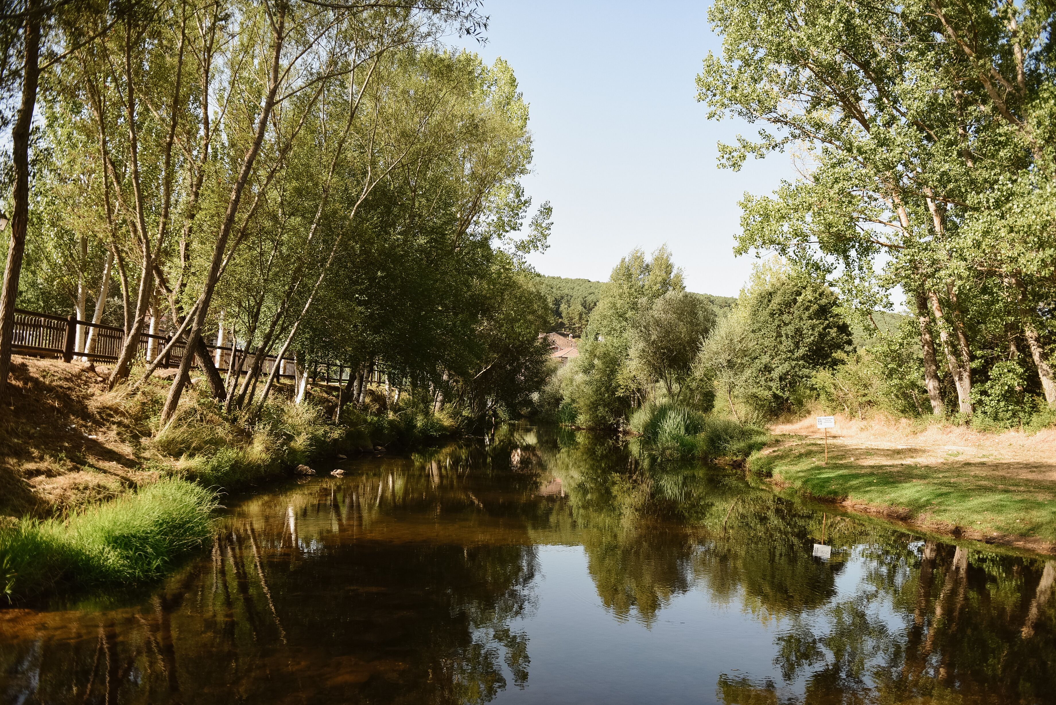 A calm river with trees on both sides, a wooden fence, and a grassy area.