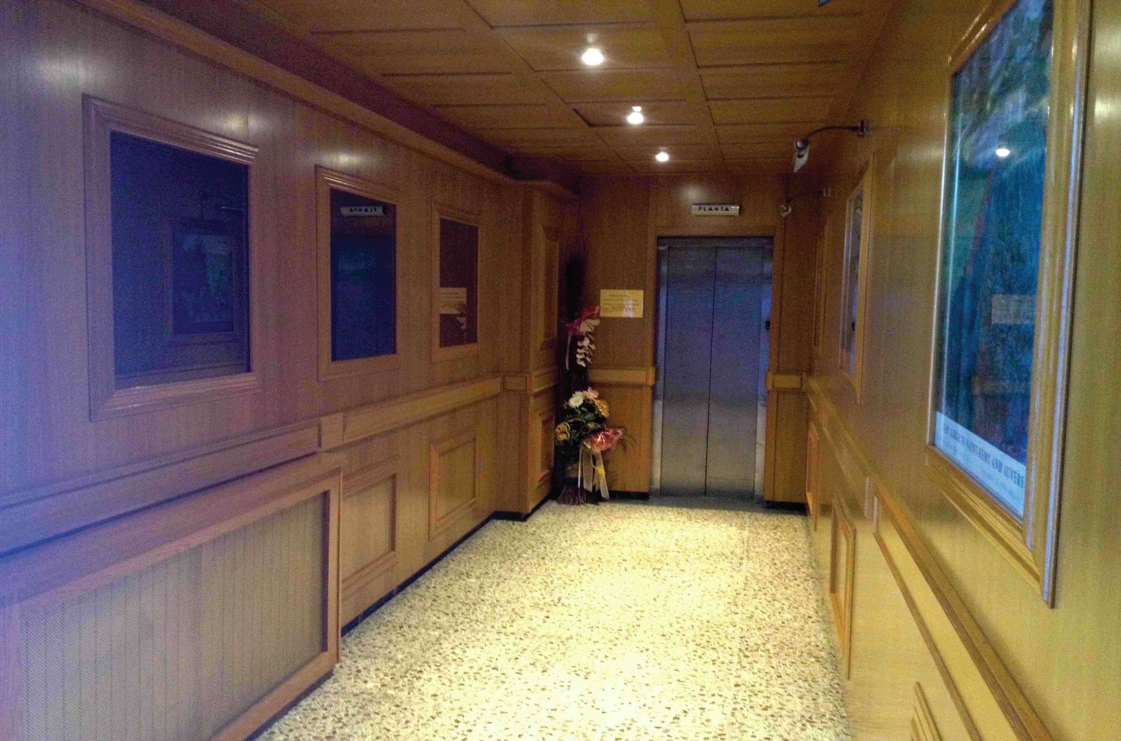 Un pasillo con paneles de madera, piso alfombrado y una puerta con la etiqueta 'PLANTA'.