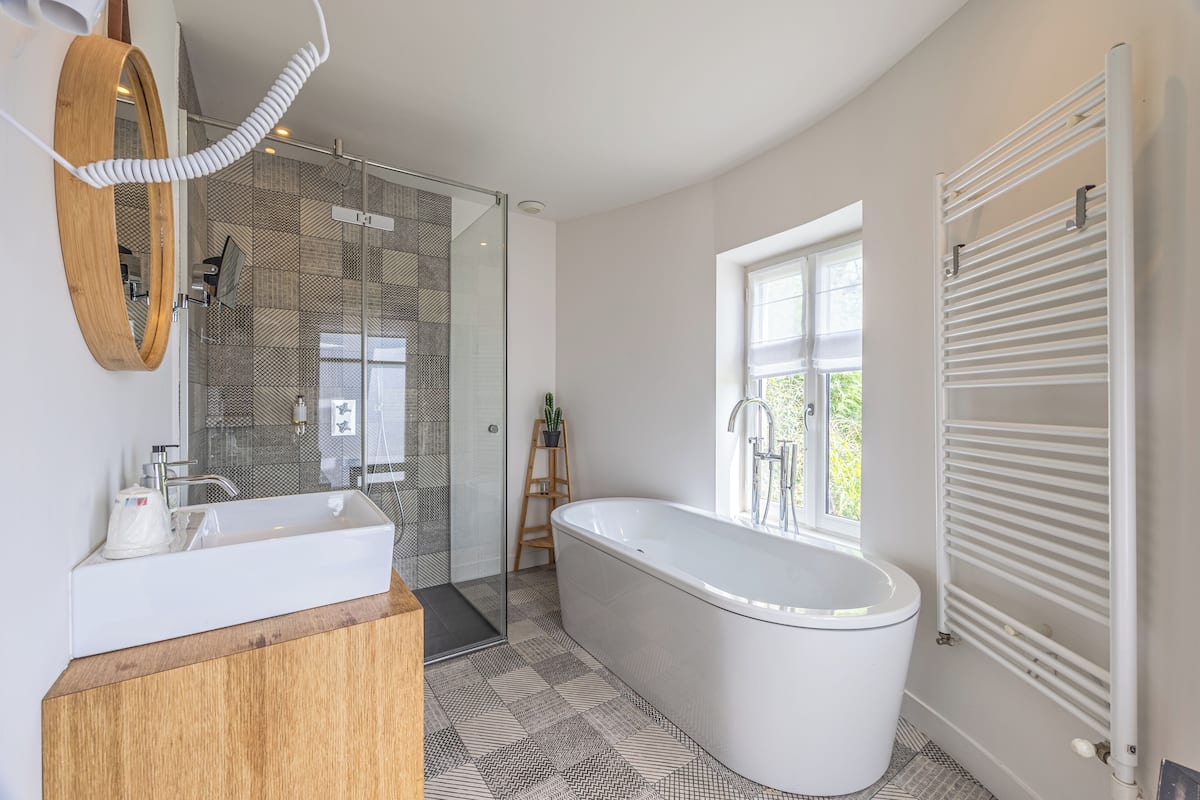 romantic double room, 1 queen bed (room #9) | bathroom | free toiletries, hair dryer, bathrobes, slippers