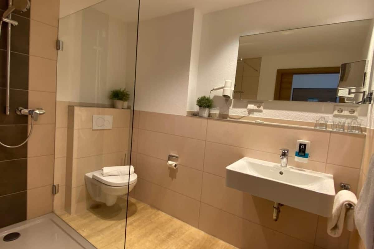 shower, free toiletries, hair dryer, towels