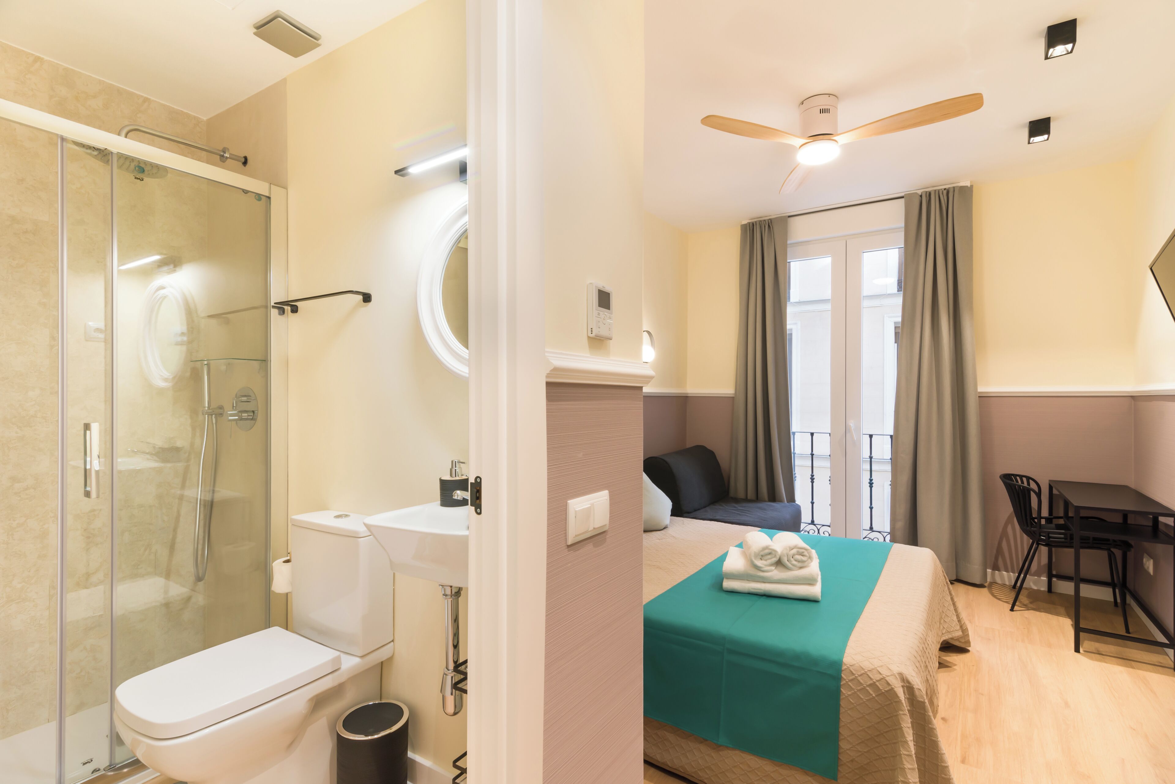 Desk, blackout curtains, soundproofing, iron/ironing board