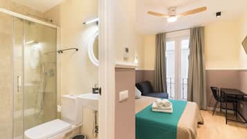 Desk, blackout curtains, soundproofing, iron/ironing board