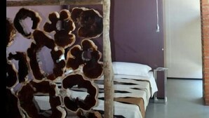 Une pièce dotée d’un plafond rustique, de poutres en bois et d’un lit recouvert d’une courtepointe blanche et marron.