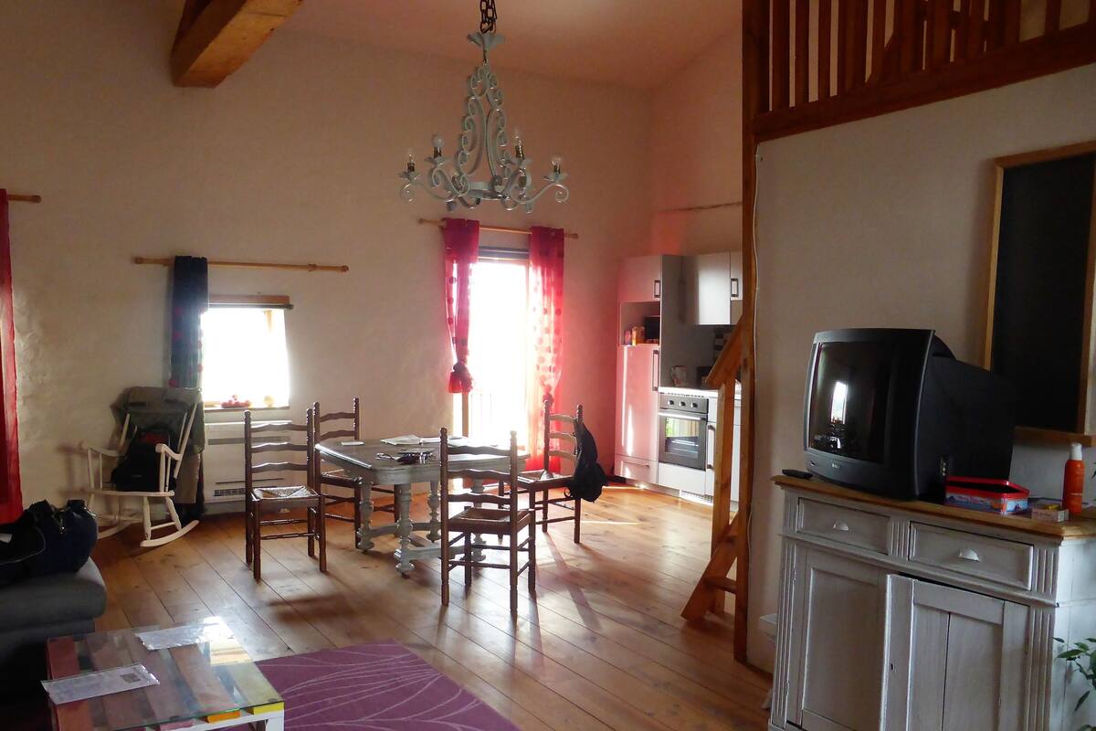 A cozy living room with a dining table, chairs, a rocking chair, a television, and a kitchen area with cabinets and a refrigerator.